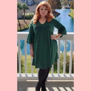 Dark Green Ruffle Sleeve Swing Dress